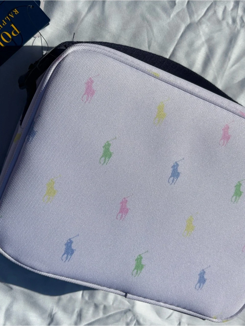 Polo by Ralph Lauren White Kids Lunch Tote Navy Strap and Pastel Pony Print